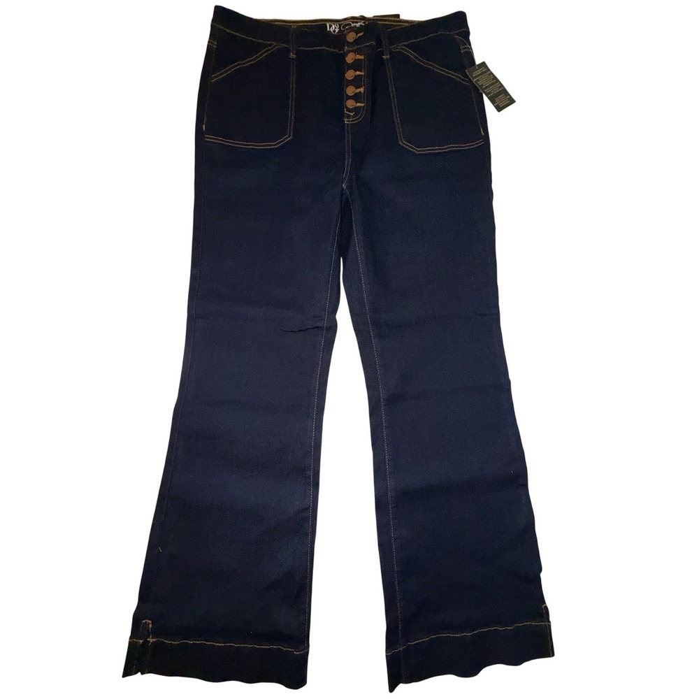 DG2 Diane Gilman Indigo Flare Jeans Button Fly Patch Pockets XL New